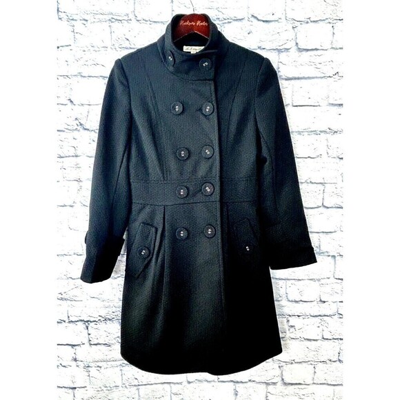 MJ Designer Paris Women Sz M Black Peacoat Lined Button Down Double Breasted U4 - Picture 2 of 12